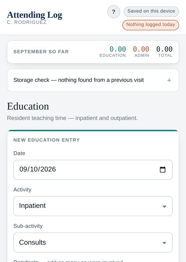 Attending Log on a phone: the month-to-date totals and a new education entry form