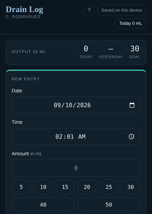 Drain Log on a phone: today's total against the removal goal, and a new entry form for amount and color
