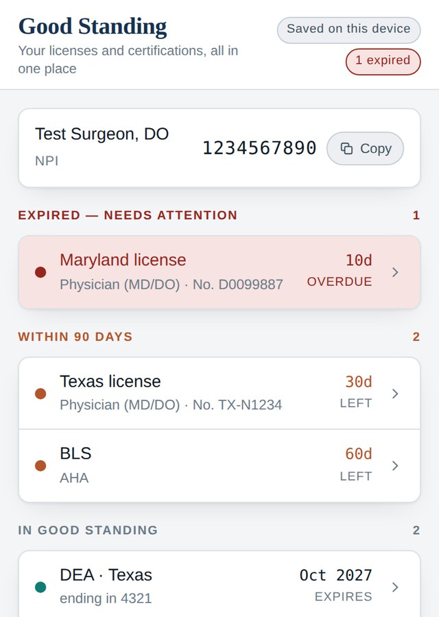 Good Standing on a phone: credentials sorted by expiry, with an expired license pinned at the top in red