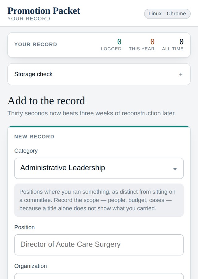 Promotion Packet on a phone: the add-to-the-record screen with a category menu and an entry form