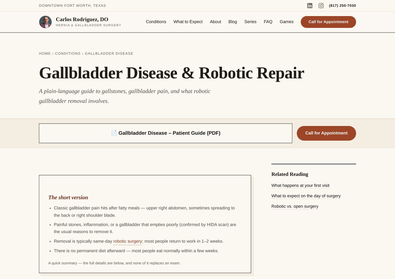 A condition guide page titled Gallbladder Disease and Robotic Repair, with a plain-language subtitle, a prominent link to the matching patient handout PDF, a boxed short-version summary of four bullet points, and a related-reading sidebar.