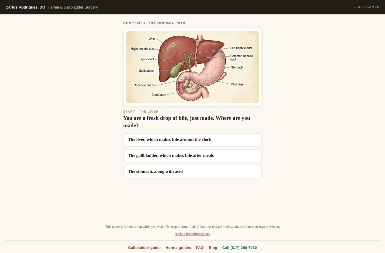 A waiting-room game called The Bile Trail, showing Chapter 1: The Normal Path, a question asking where bile is made, and three answer choices.