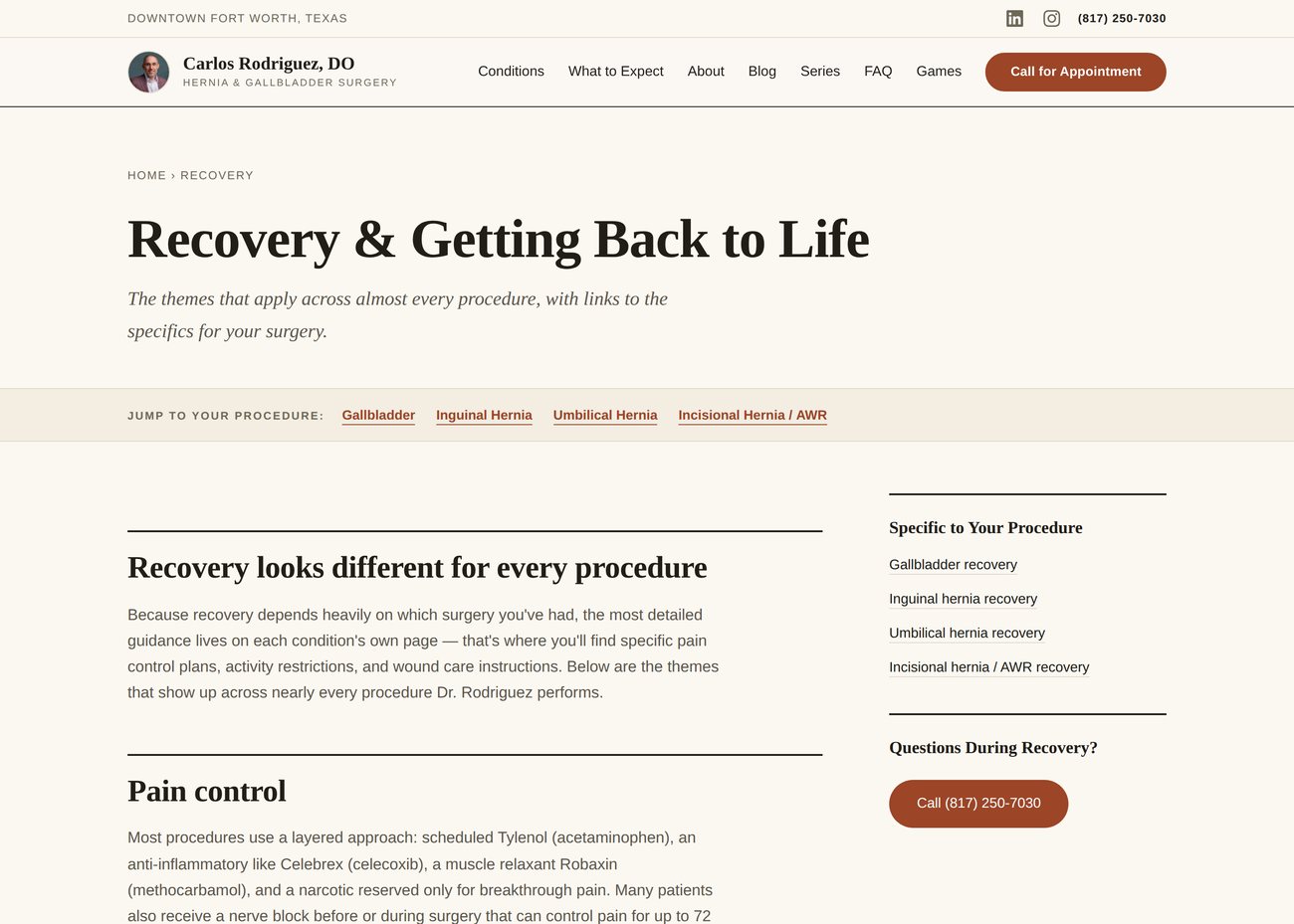 A recovery page titled Recovery and Getting Back to Life, with a jump bar linking to gallbladder, inguinal hernia, umbilical hernia and incisional hernia recovery, a section explaining that recovery differs by procedure, and a pain-control section naming specific medicines.