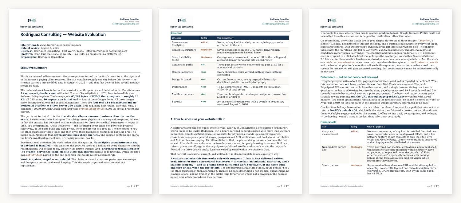 Three pages of a finished RC Surgical Consulting website evaluation on letterhead: the cover page with the executive summary, a page showing the ten-area scorecard with Critical, Needs work, Fair and Good ratings, and a page showing the findings table with the measurement behind each finding.