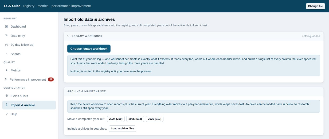 The import and archive screen: a control to choose a legacy workbook that reads every worksheet tab and reconciles columns across years, and an archive panel offering to move completed years out of the active file with the case count for each year.
