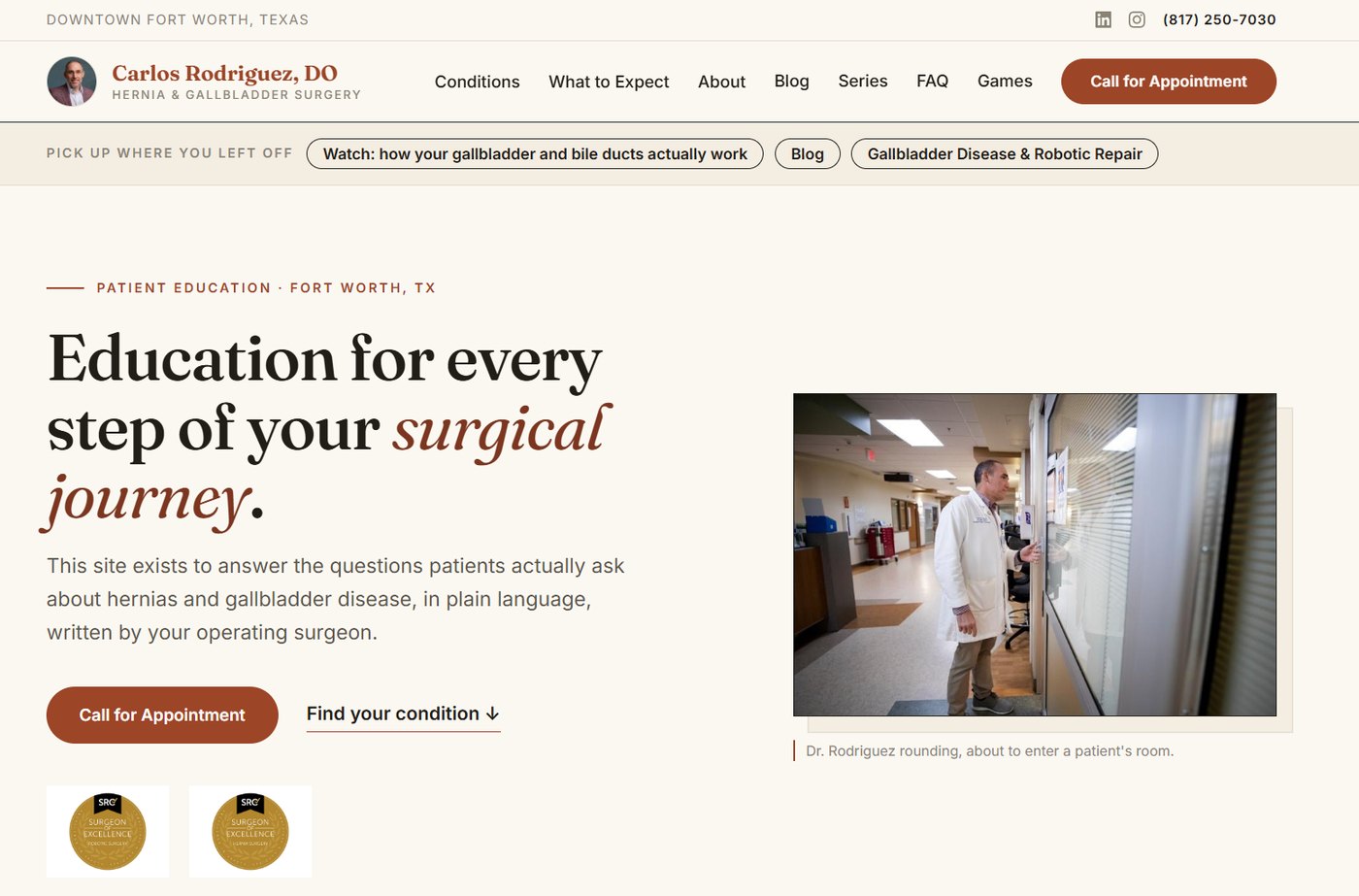Homepage of DrCRodriguez.com, a patient-education website for a Fort Worth general surgery practice