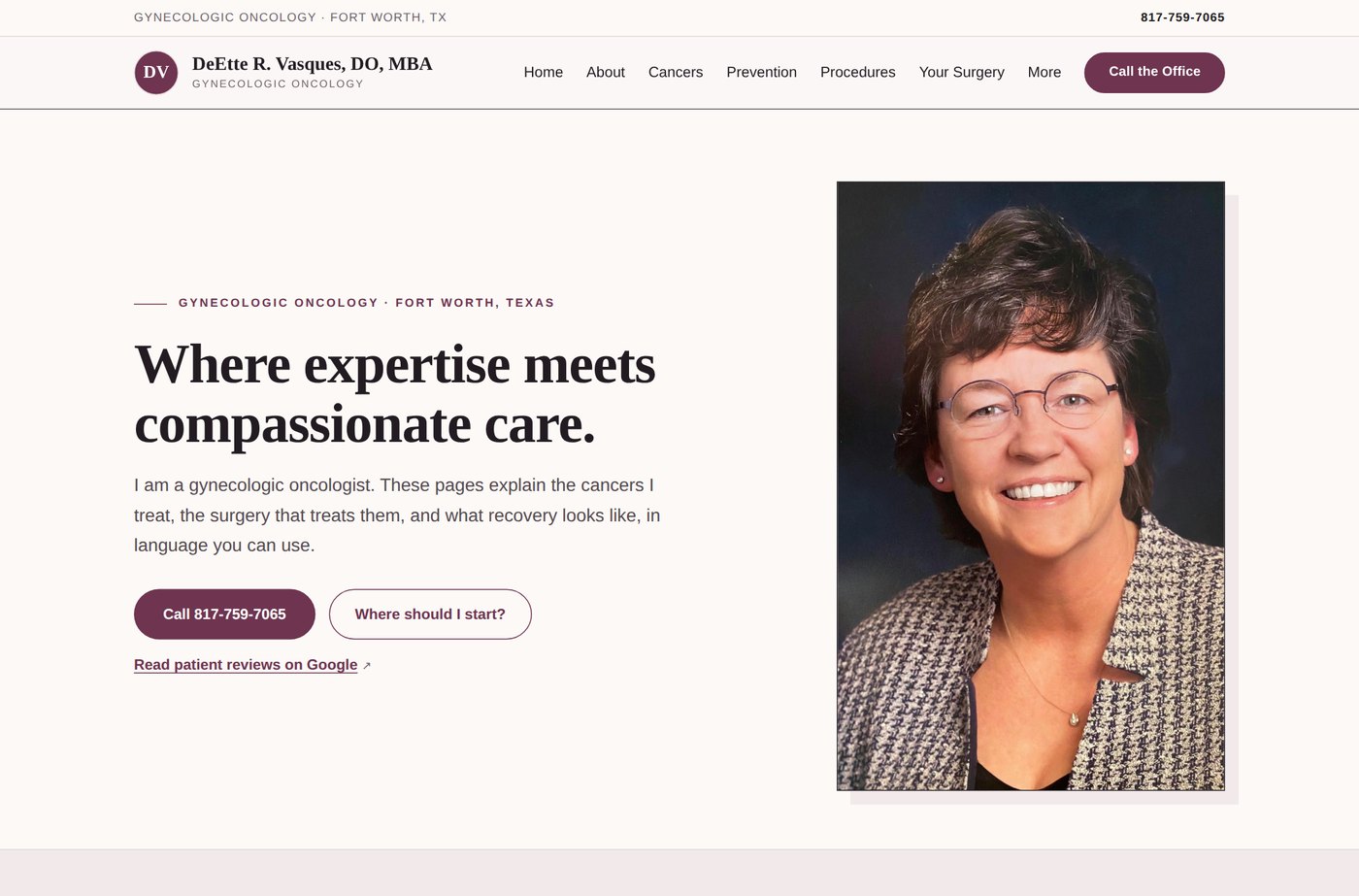 Homepage of DrVasques.com, a patient-education website for a gynecologic oncologist in Fort Worth, Texas